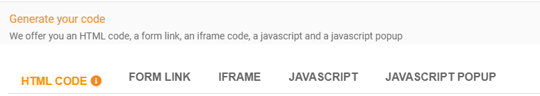 Options de publication du formulaire : code HTML, lien, iframe, JavaScript
