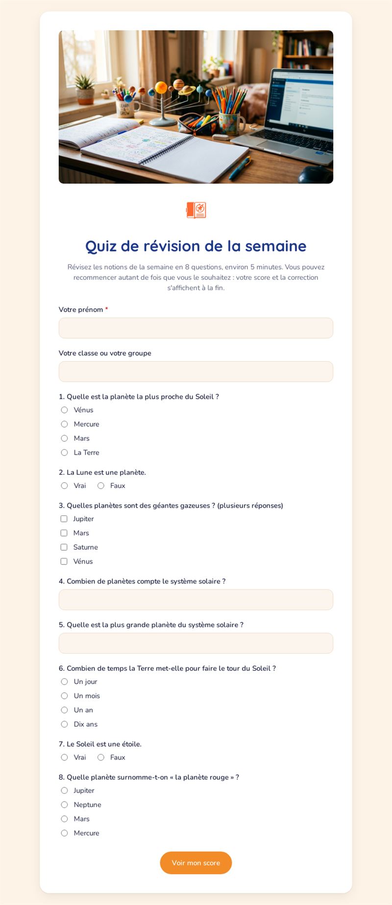 Quiz de révision de la semaine