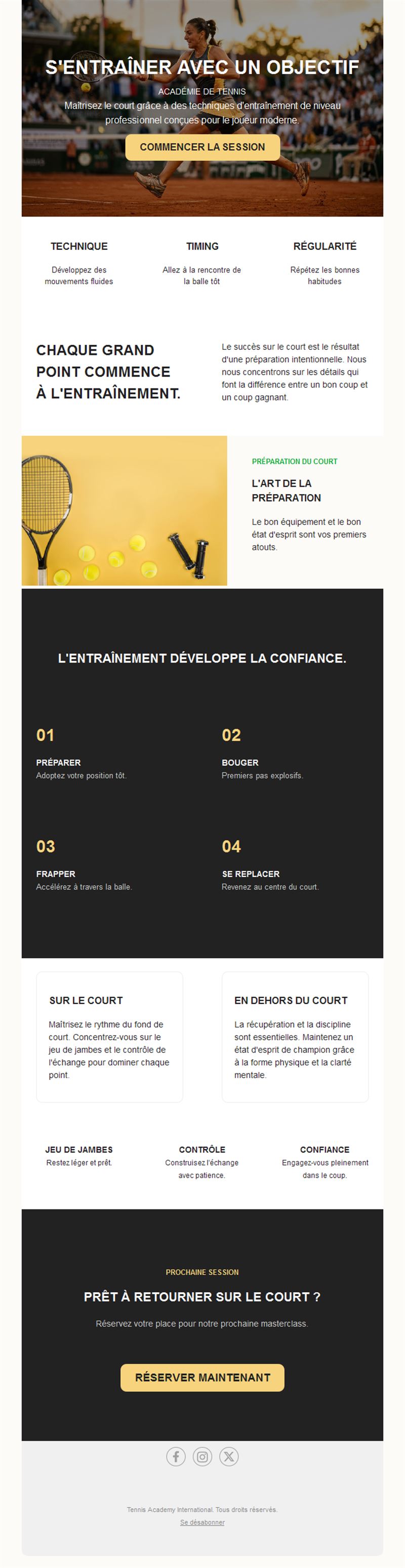 Email d'entraînement d'académie de tennis