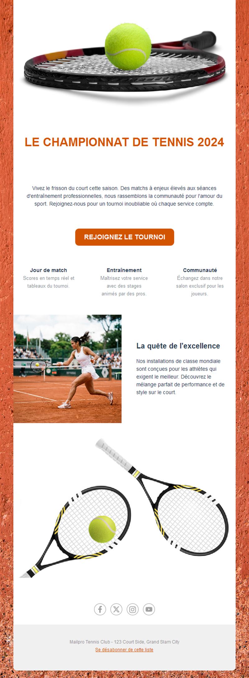 Email de championnat de tennis sur terre battue