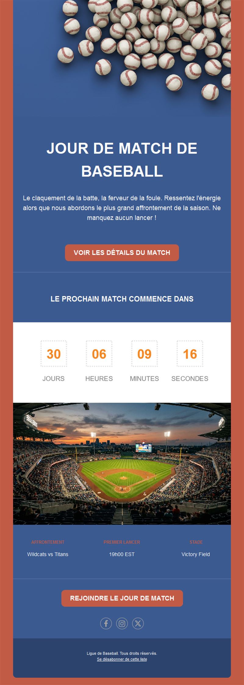 Email jour de match baseball avec compte à rebours