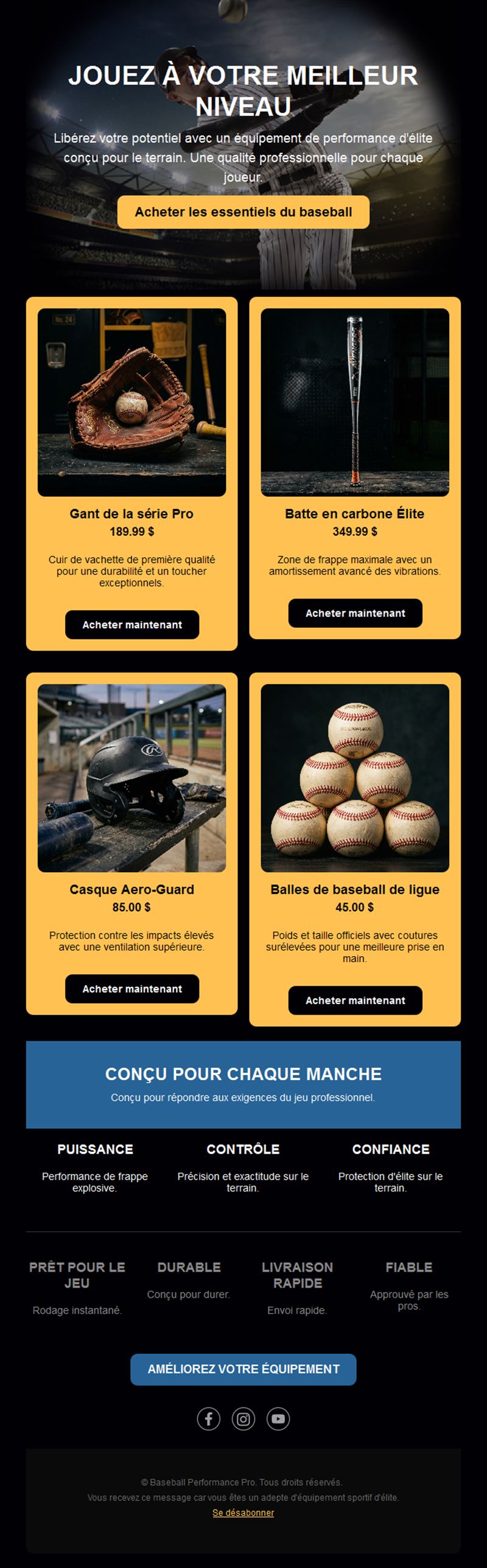 Email de vente d'équipement baseball premium