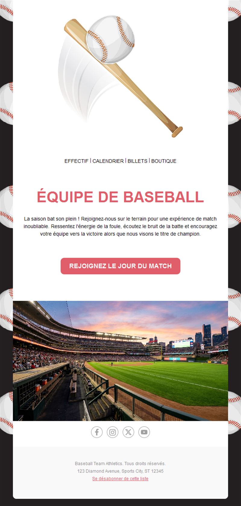 Invitation email au match de baseball