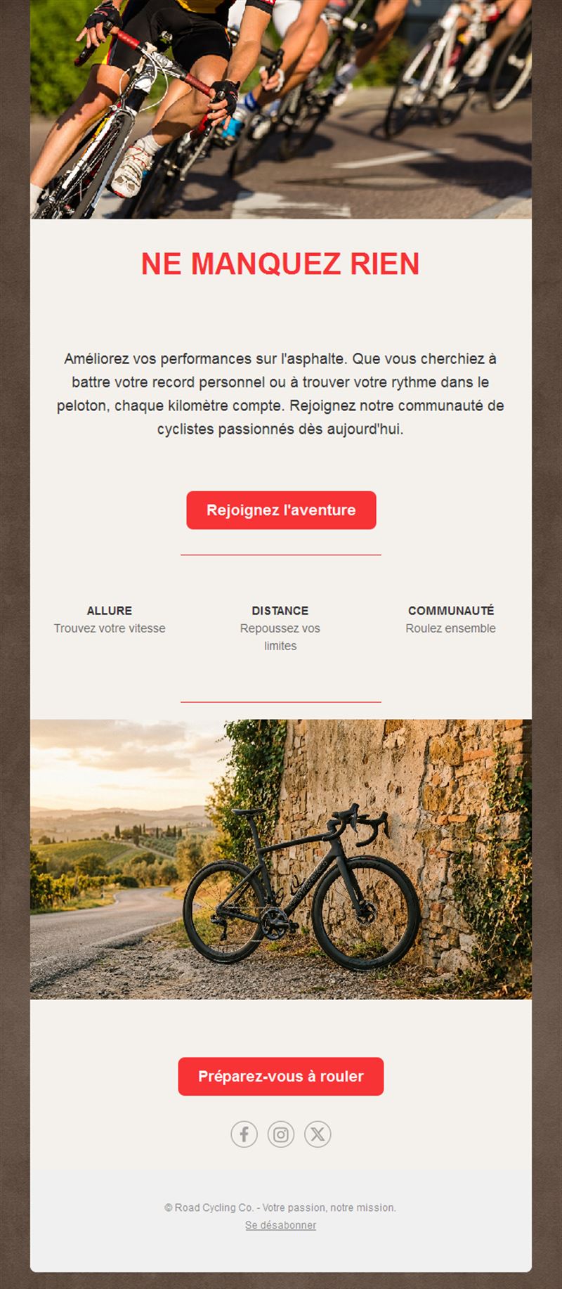 Email d'invitation à une sortie de club cycliste