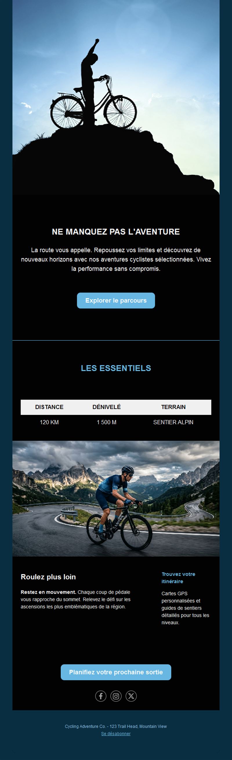 Email d'itinéraire vélo avec infos de sortie