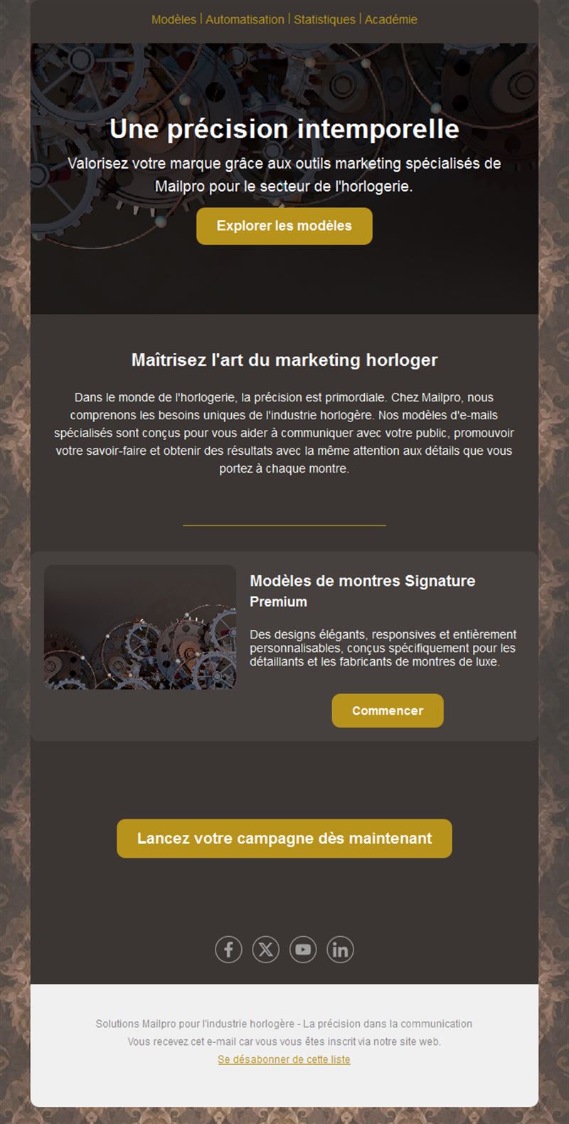Email marketing horloger sombre et doré