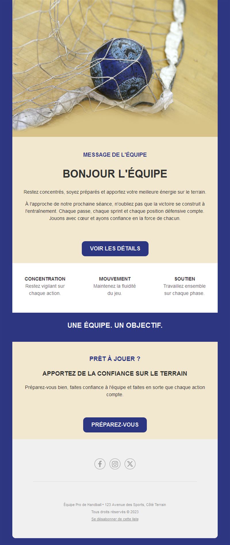 Email de message à l'équipe de handball