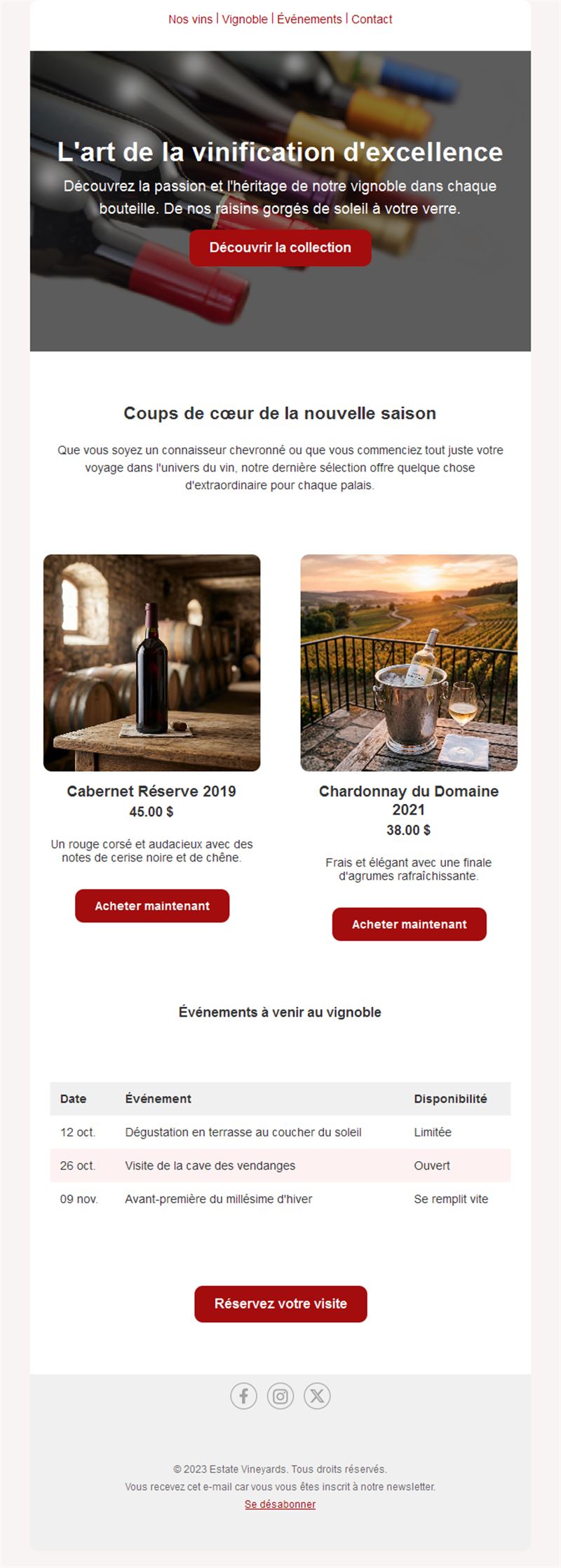 Newsletter de domaine viticole avec événements