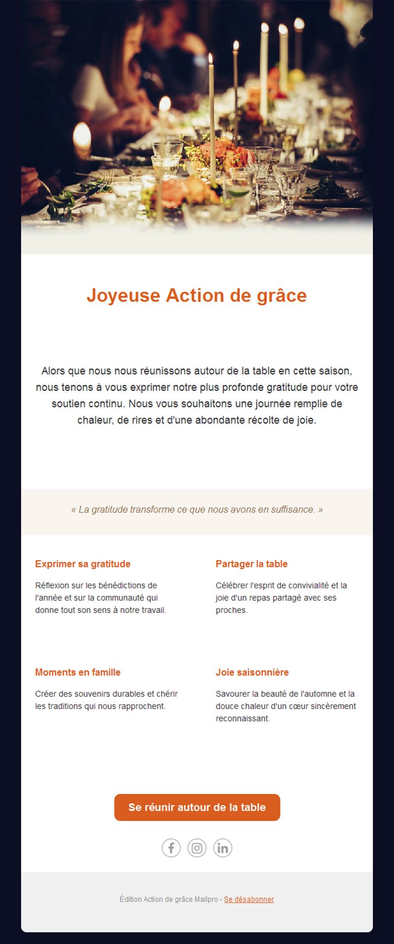 Email de table de Thanksgiving