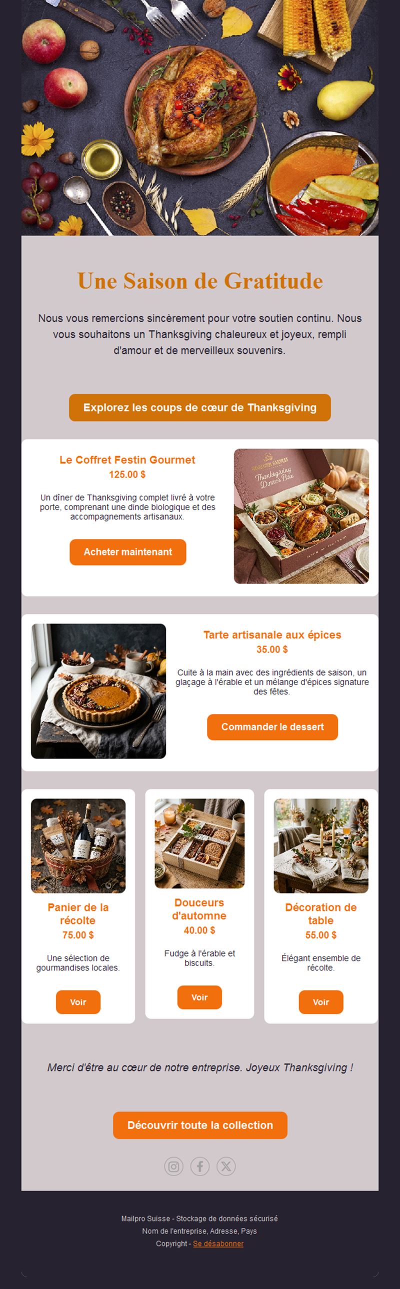 Email de produits gourmets de Thanksgiving