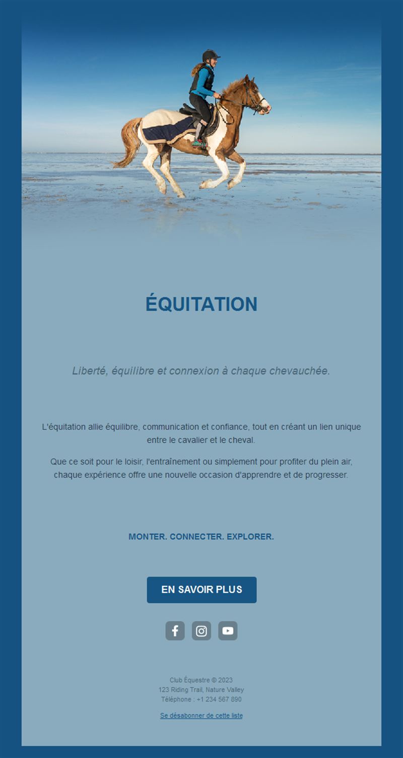 Email bleu d'équitation en bord de mer