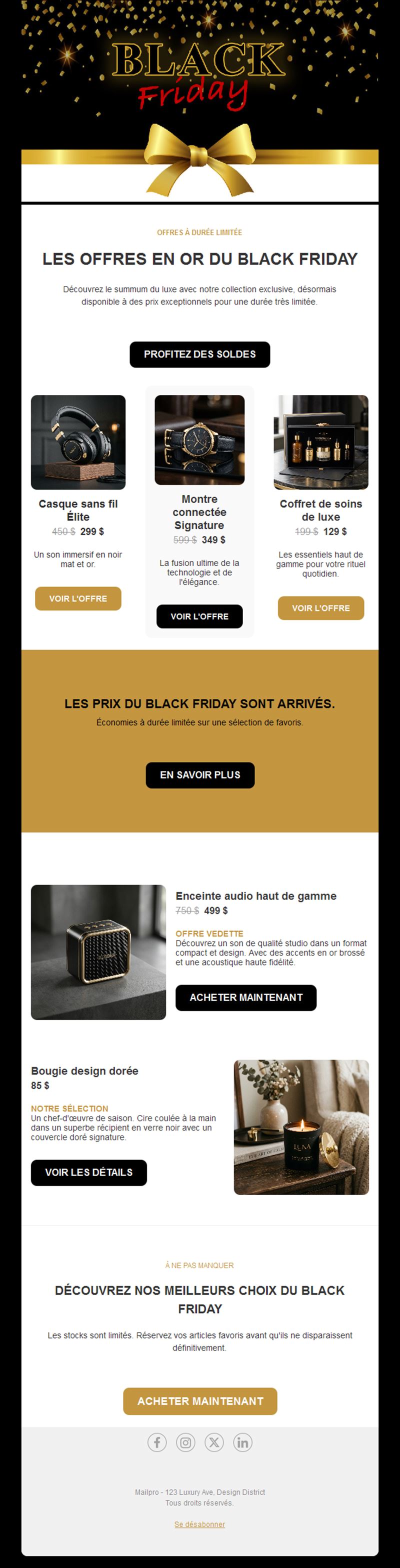 Email noir et or de bons plans Black Friday