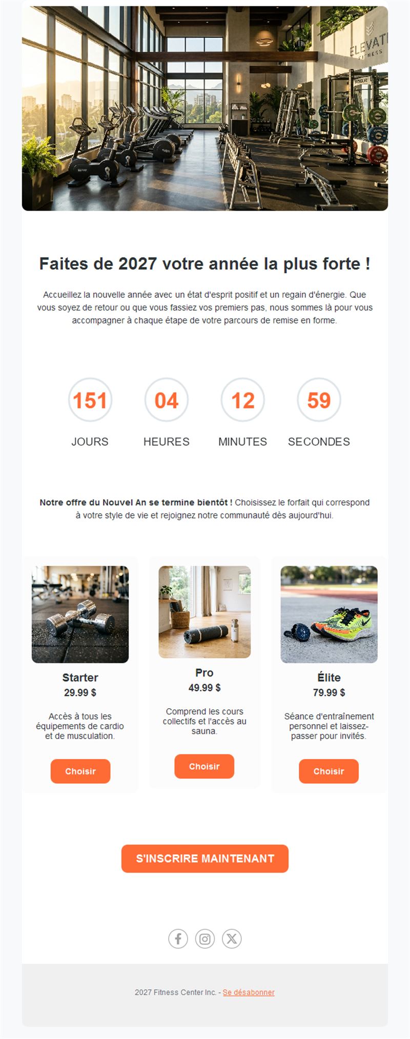 Email du Nouvel An 2027 pour salles de sport