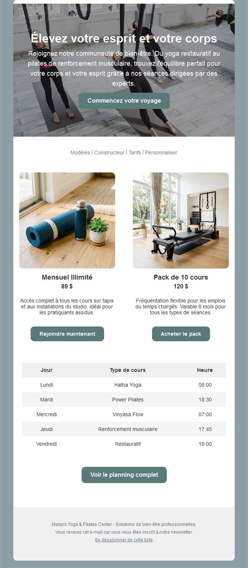 Email abonnements et planning yoga Pilates
