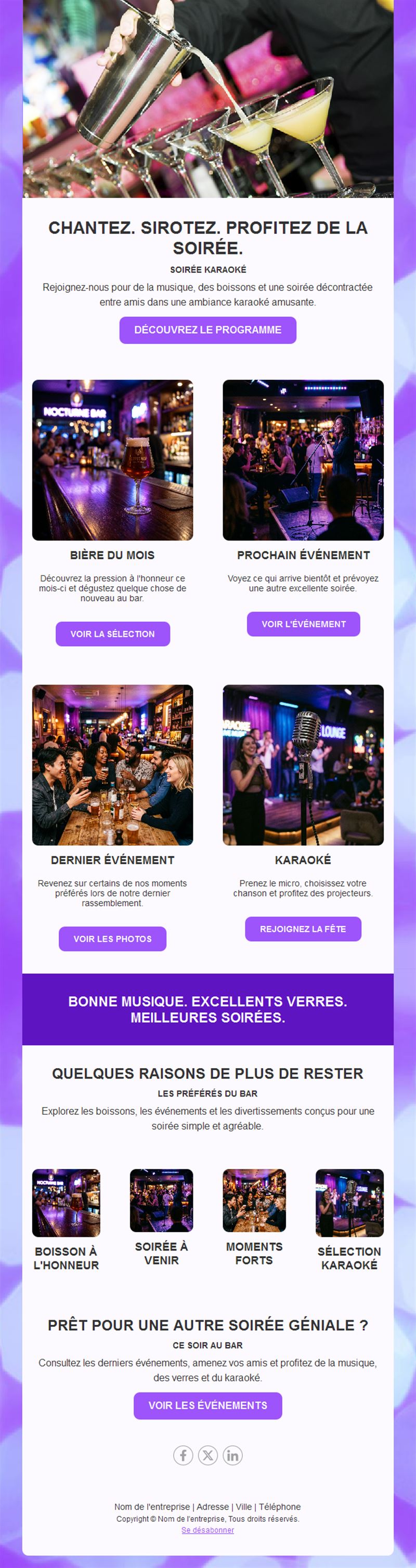 Newsletter soirée karaoké et événements du bar