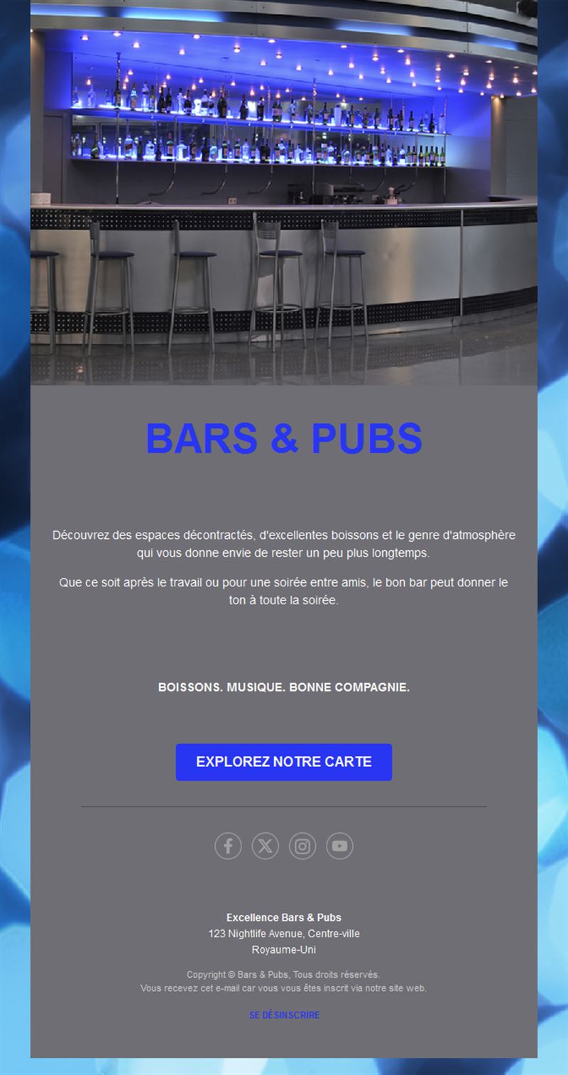 Modèle d'email carte de bar à cocktails