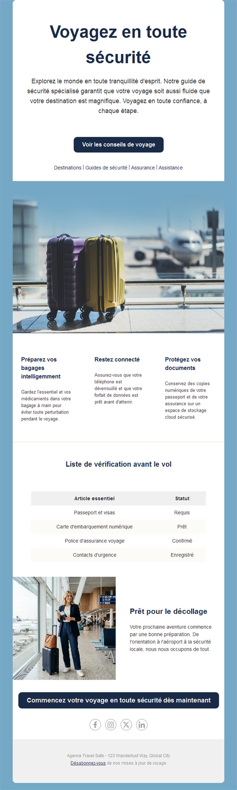 Email de conseils de sécurité en voyage