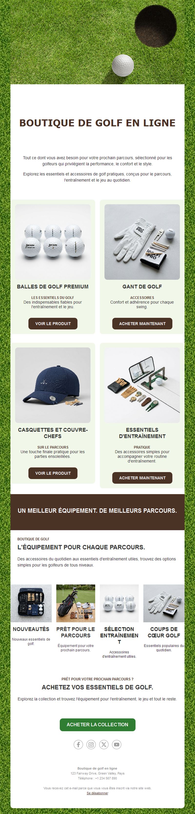 Email boutique de golf avec produits