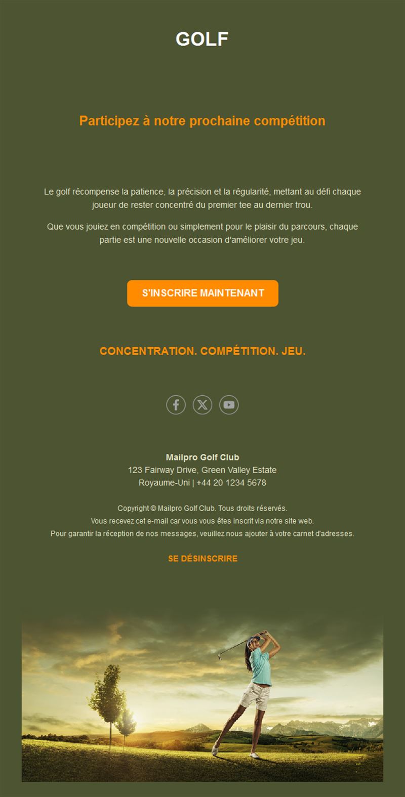 Email d'inscription à une compétition de golf