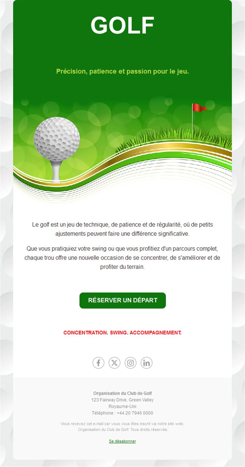 Email de réservation de départ au golf