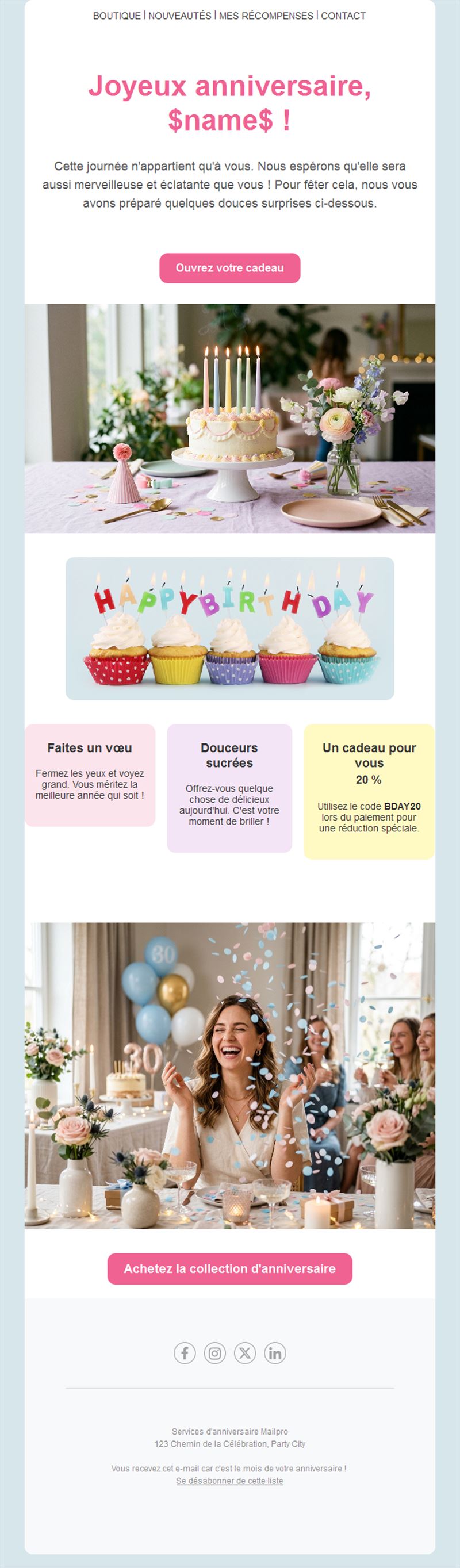 Email rose d'anniversaire avec code promo
