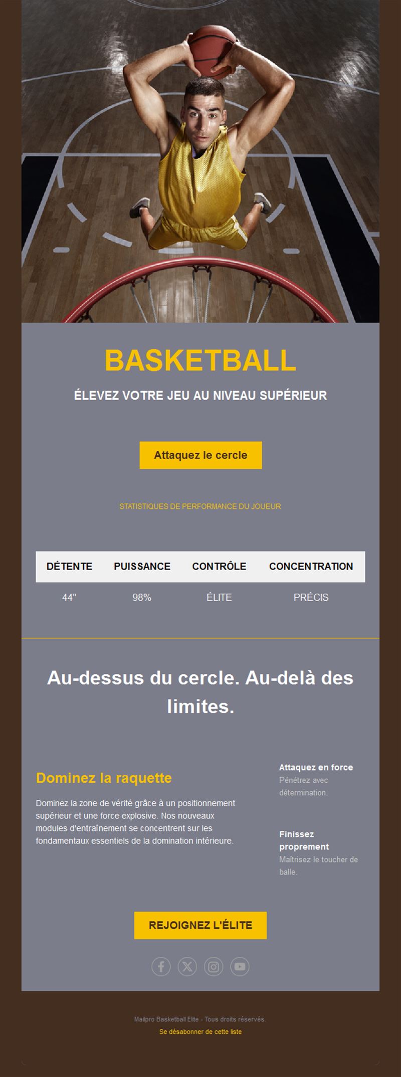 Email de programme de basket élite
