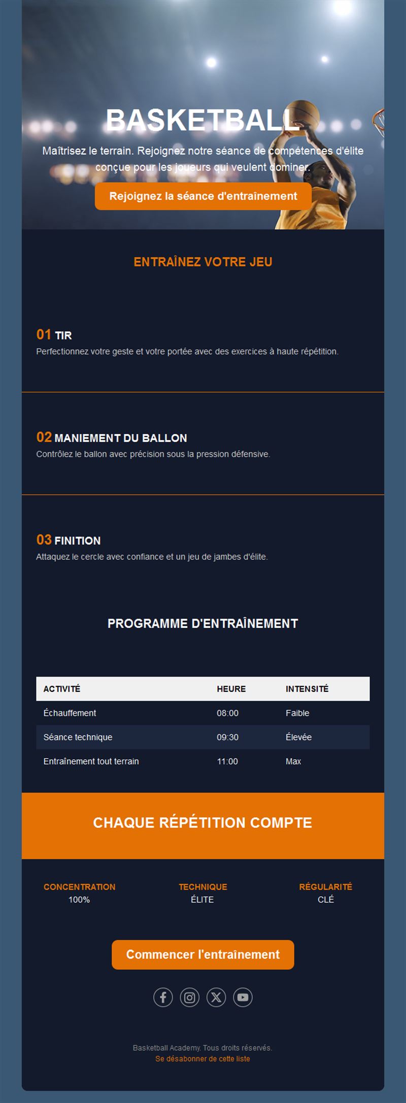 Email de planning de séance de basket