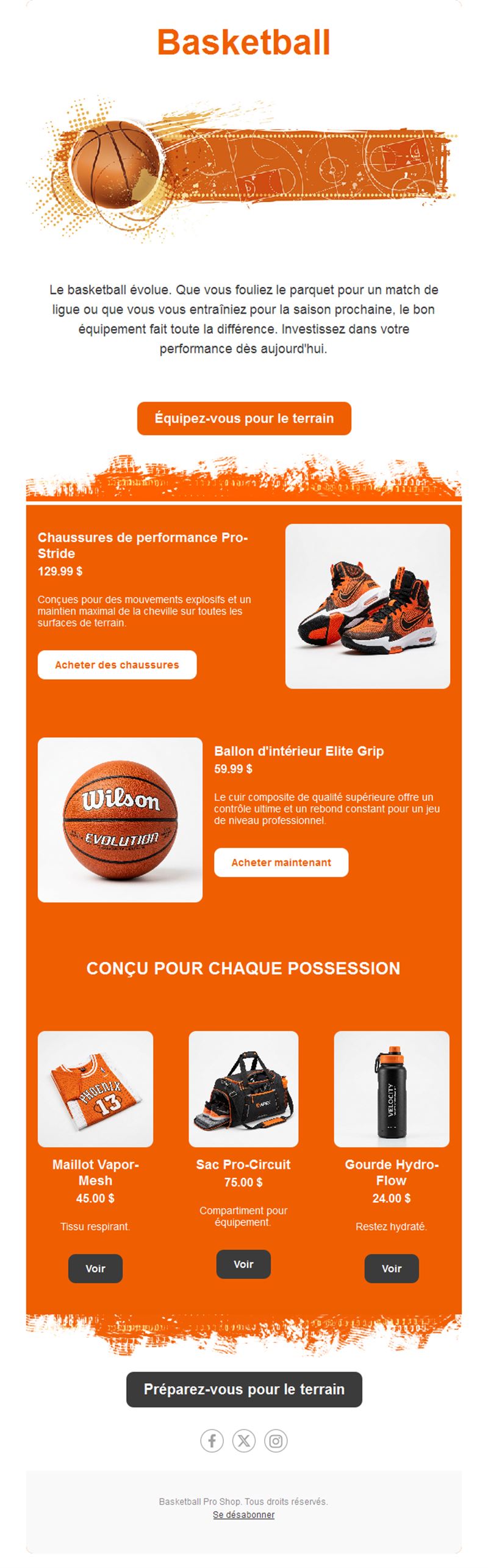 Email orange de vente de matériel de basket