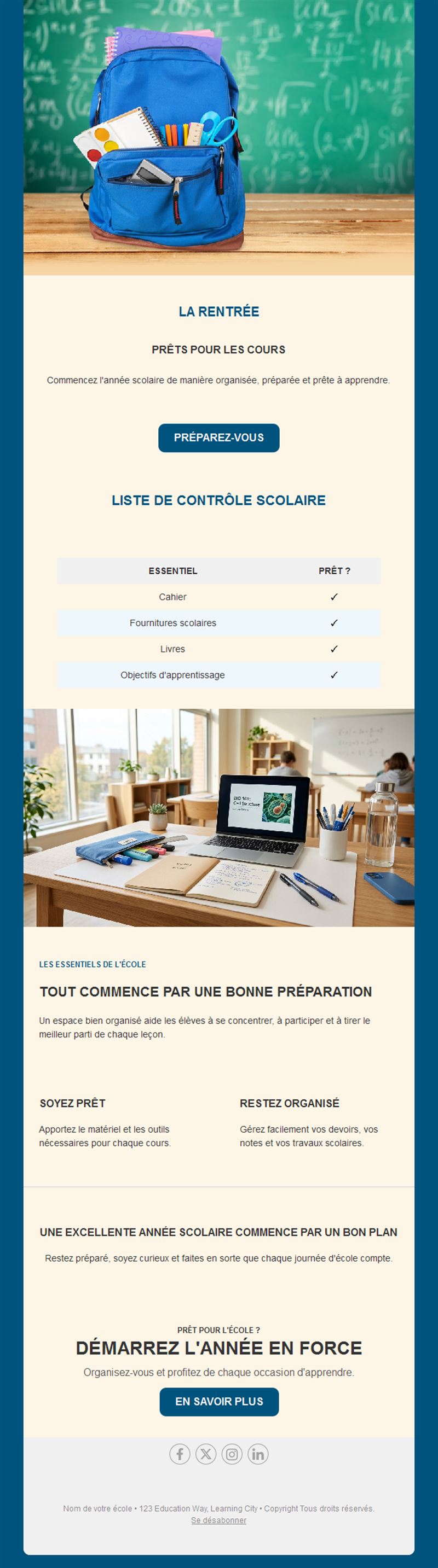 Email de rentrée avec liste de fournitures