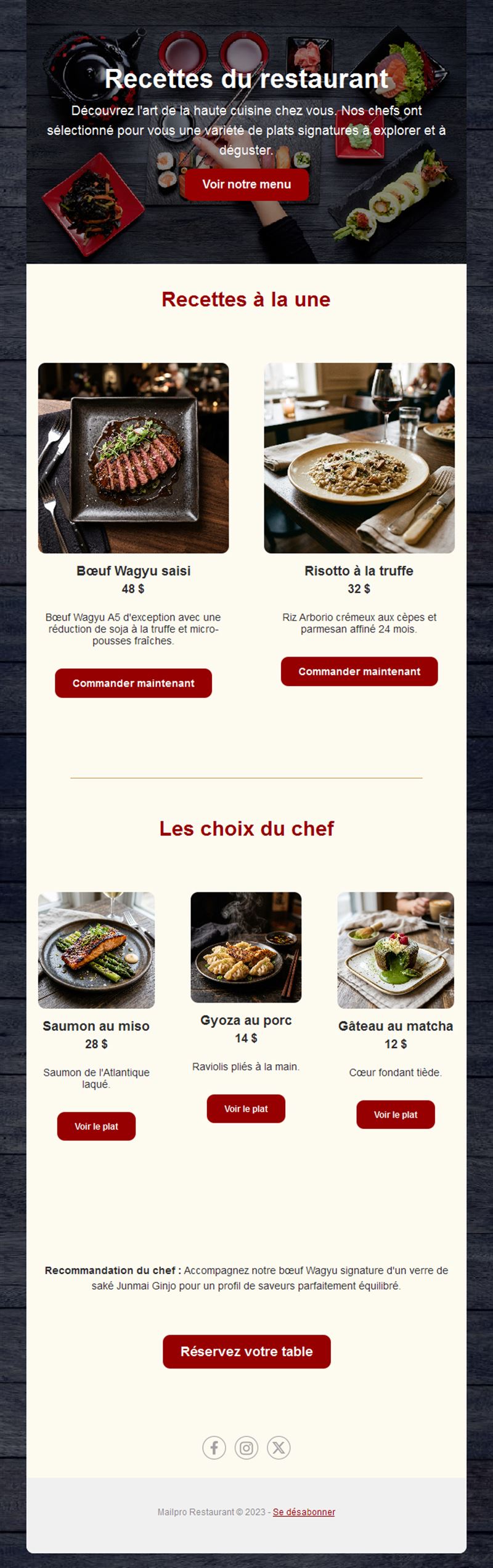 Email de commande en ligne de restaurant