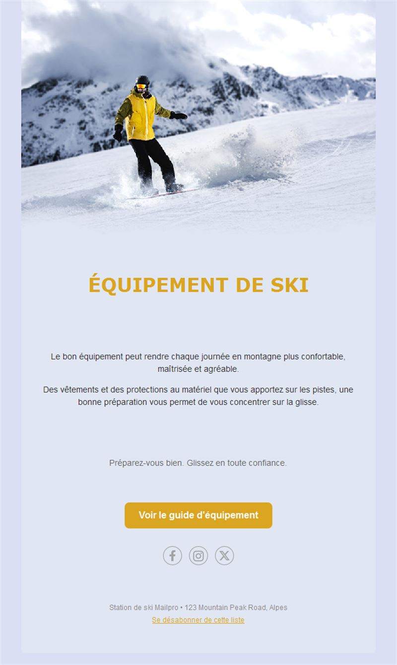 Email de guide de l'équipement de ski