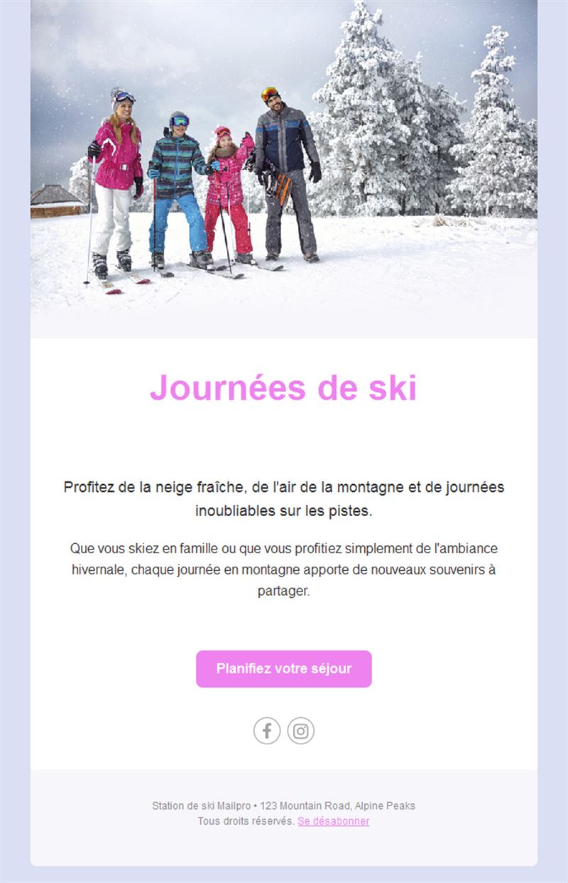 Email de journées au ski en famille
