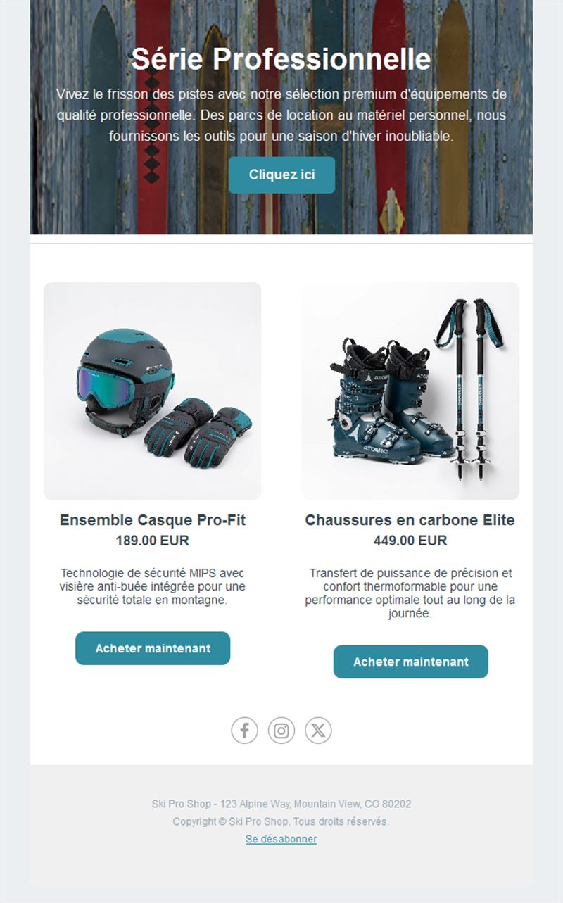 Email de matériel de ski professionnel
