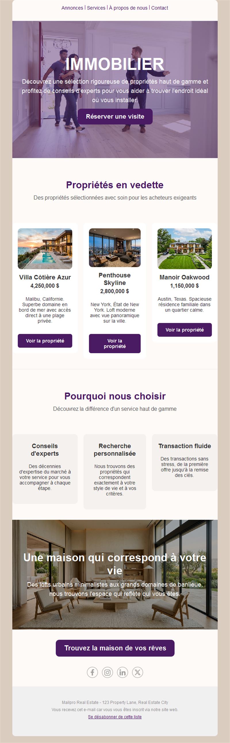 Email violet d'annonces immobilières