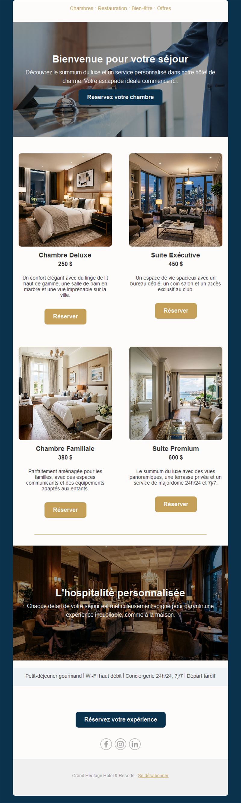 Email chambres et tarifs d'hôtel
