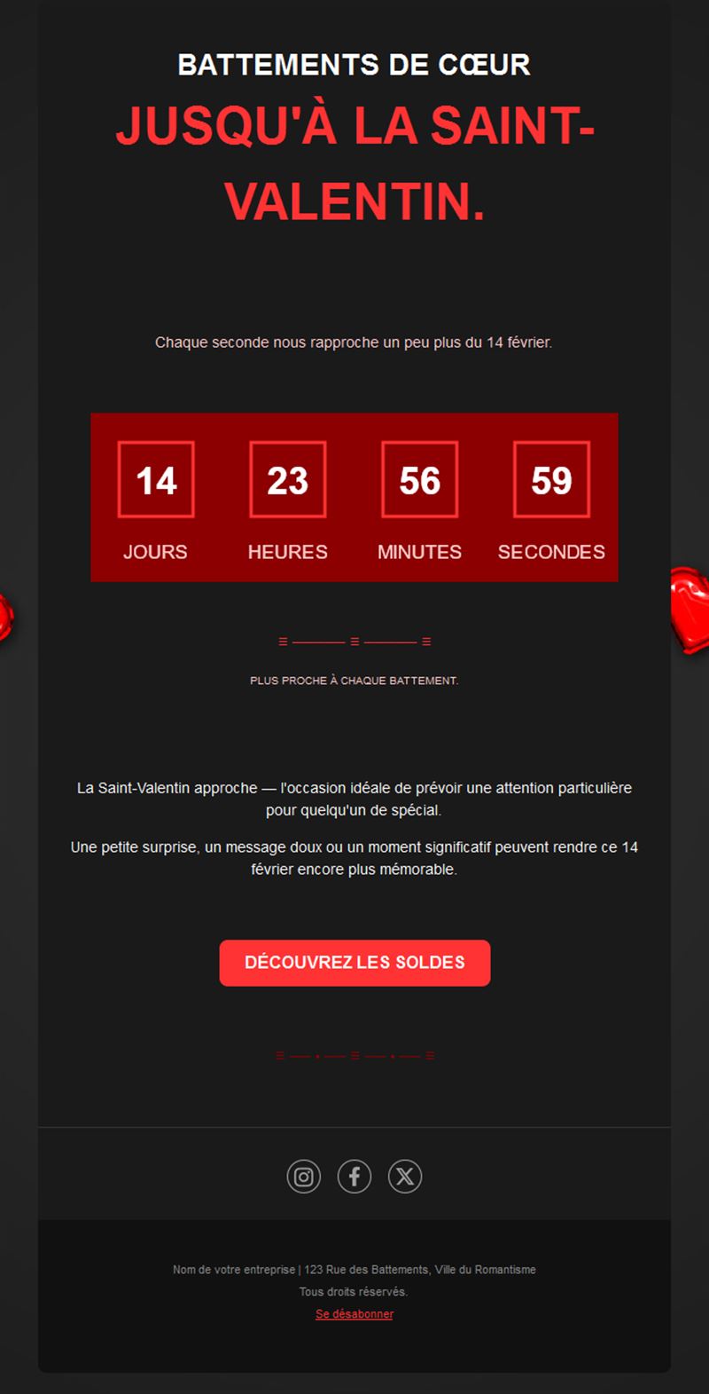 Email noir de soldes Saint-Valentin