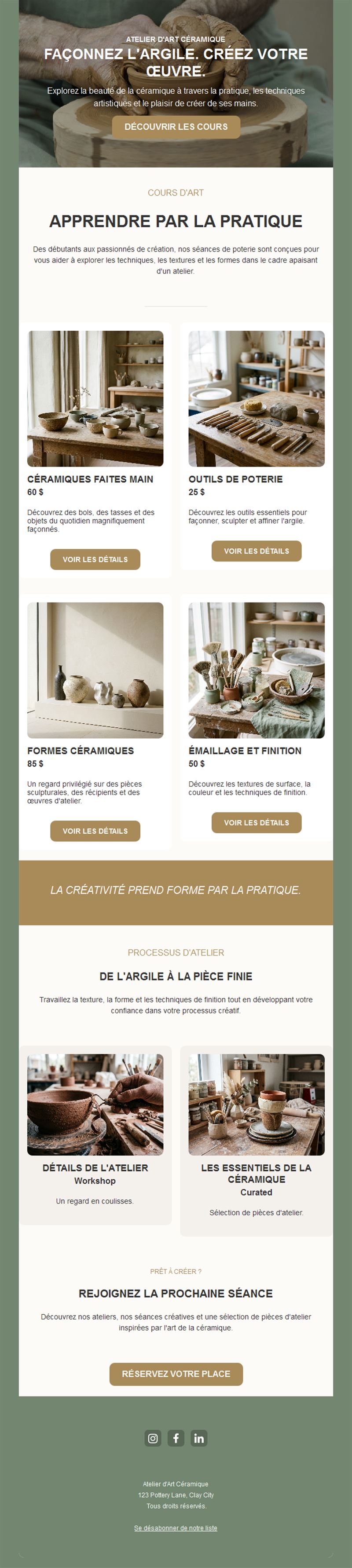 Email d'atelier poterie avec produits et cours
