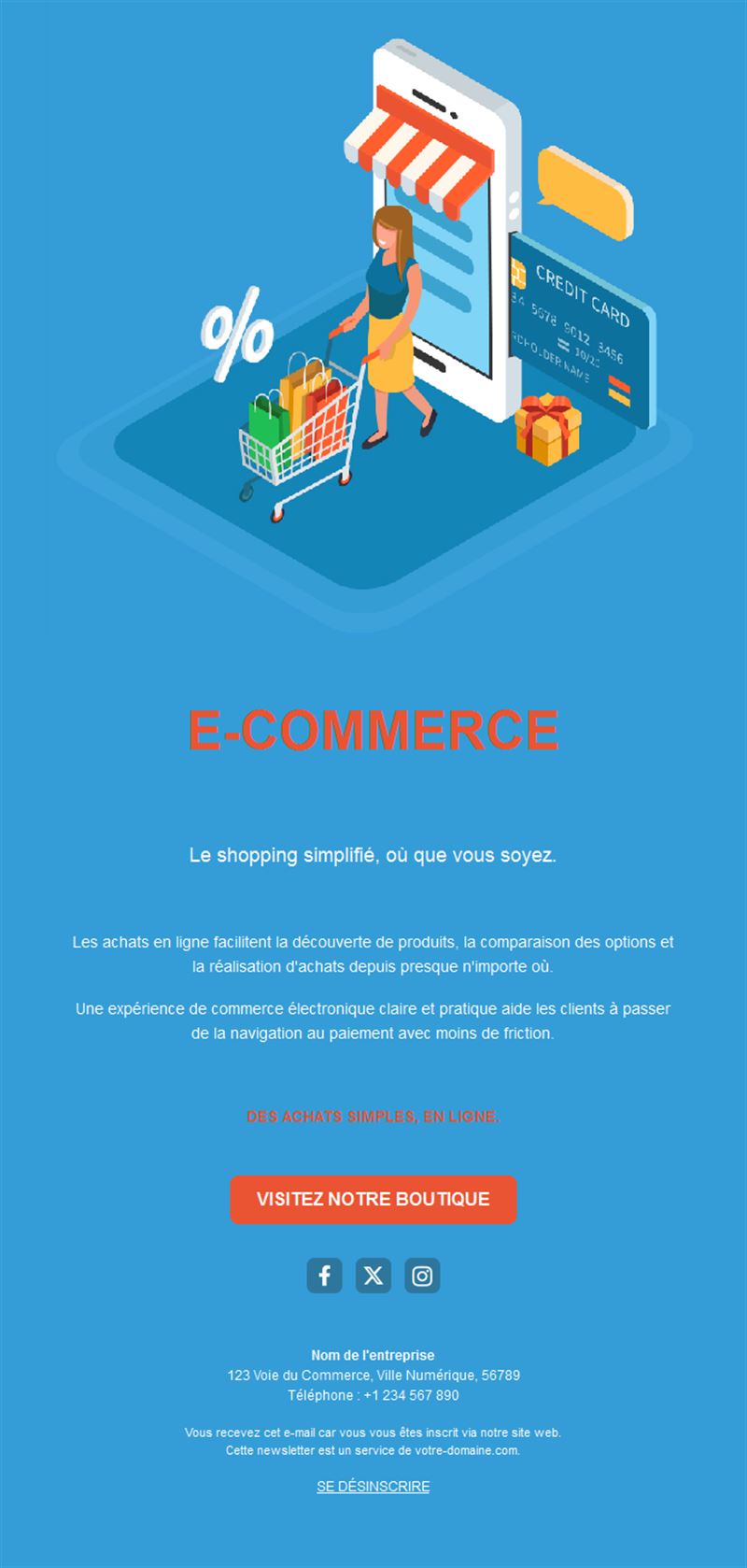 Email bleu de shopping sur mobile