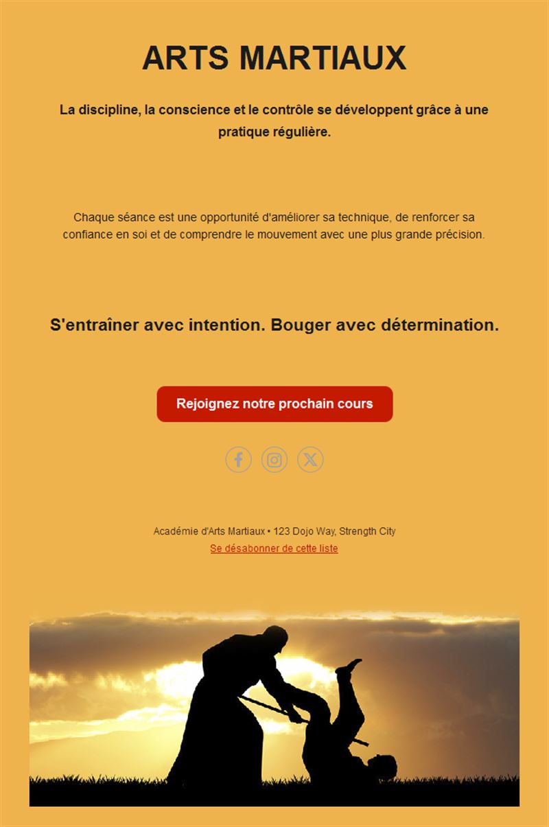 Email de cours d'aïkido au coucher du soleil
