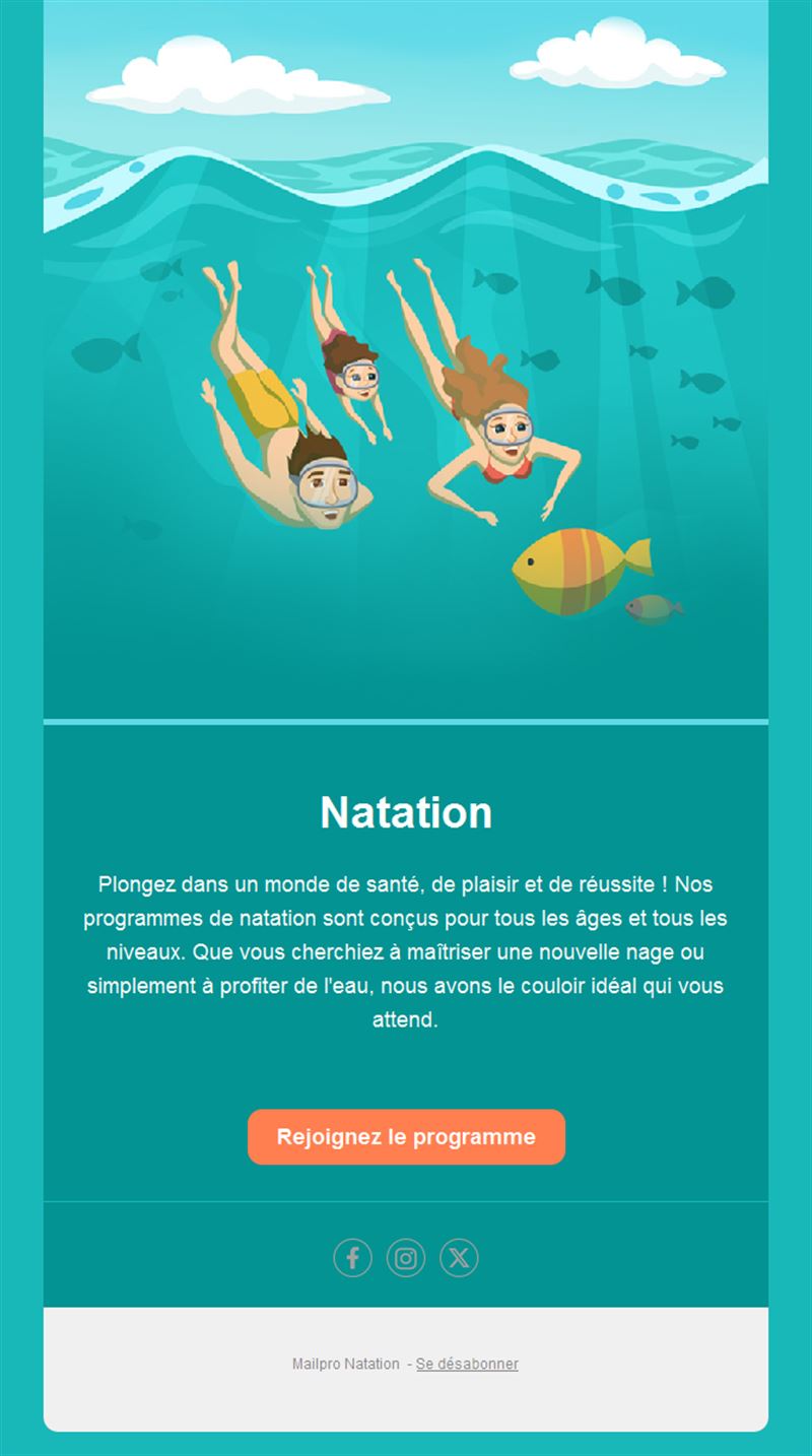 Email de programme de natation sous l'eau
