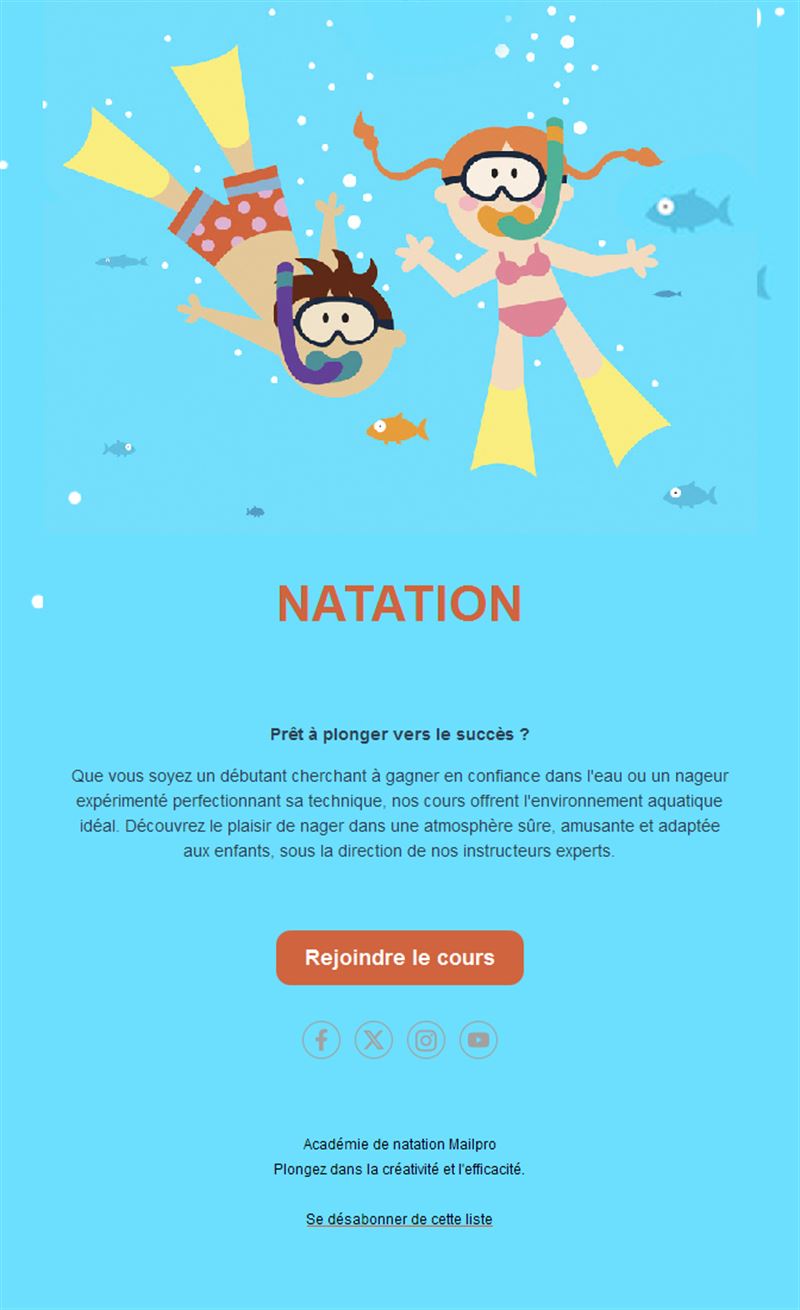Email de cours de natation pour enfants