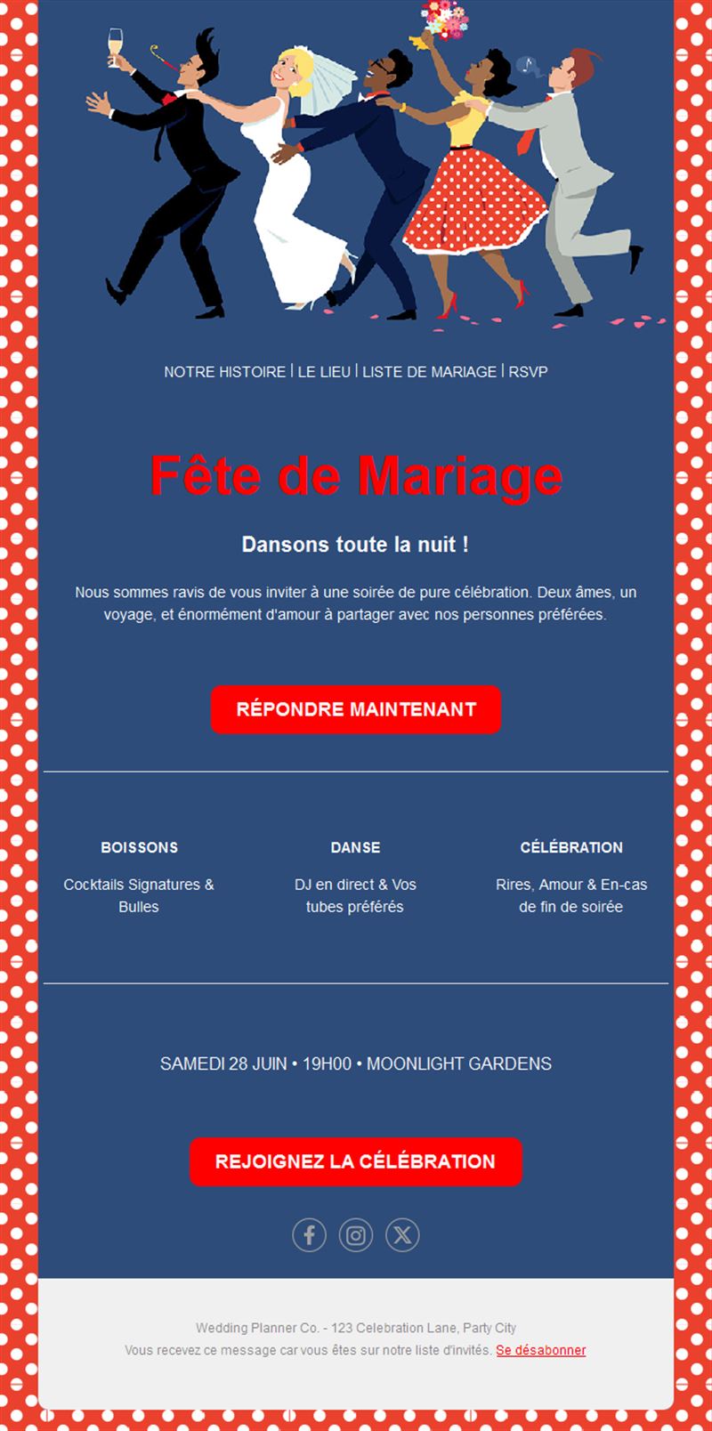 Invitation à une fête de mariage avec RSVP