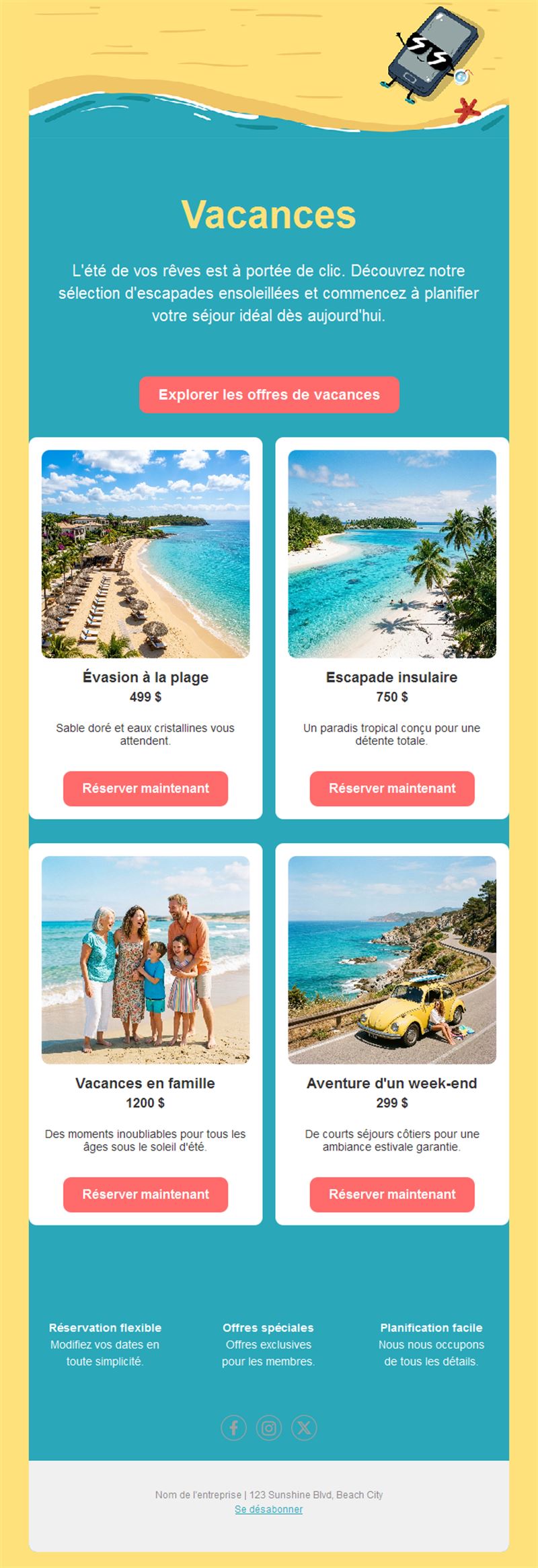 Email d'offres de vacances à la plage