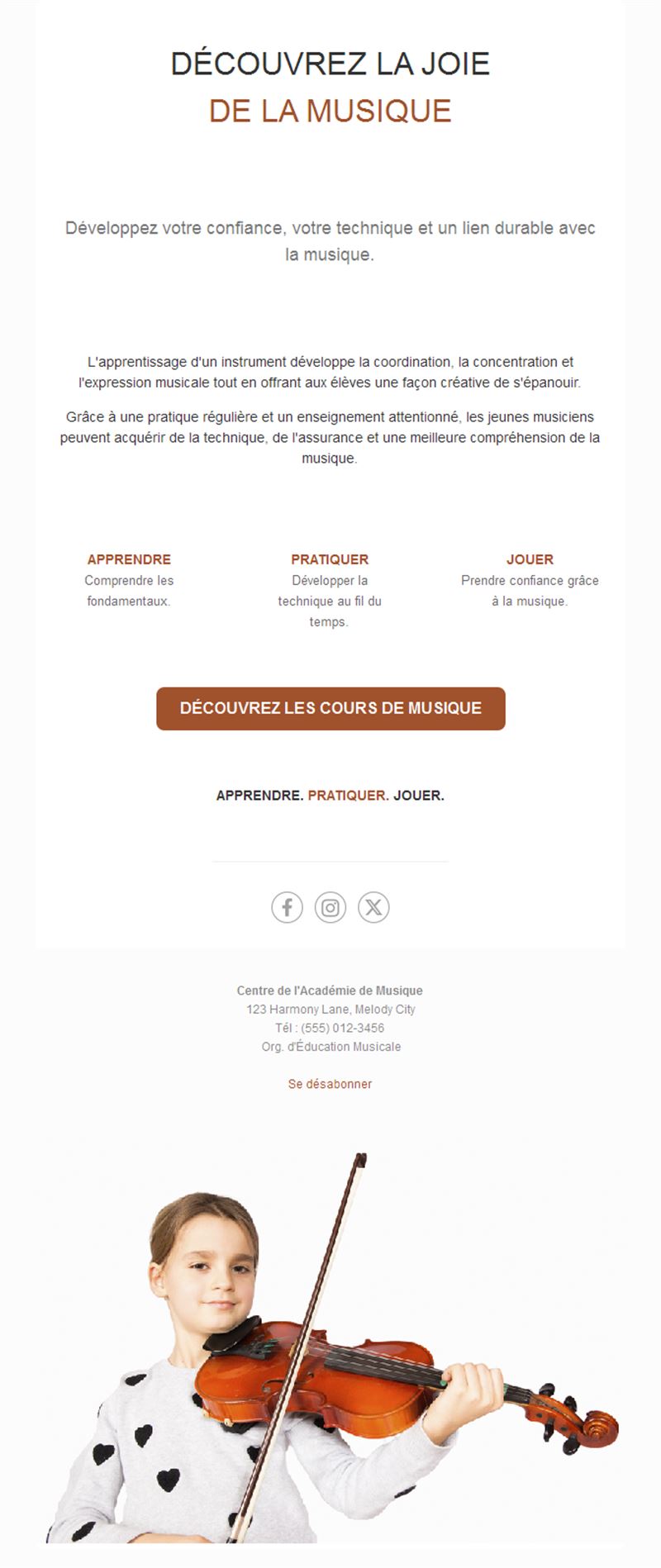 Email de cours d'école de musique