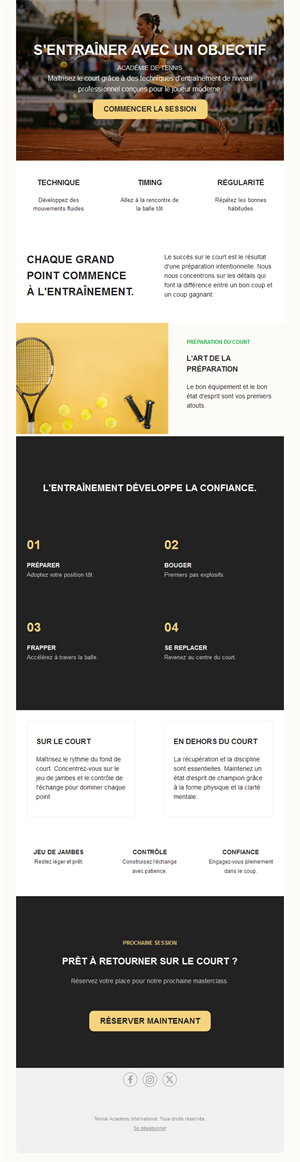 Email d'entraînement d'académie de tennis