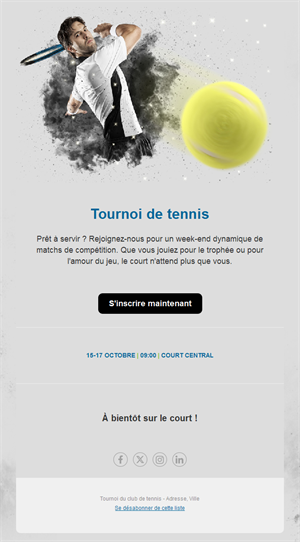 Email d'inscription à un tournoi de tennis