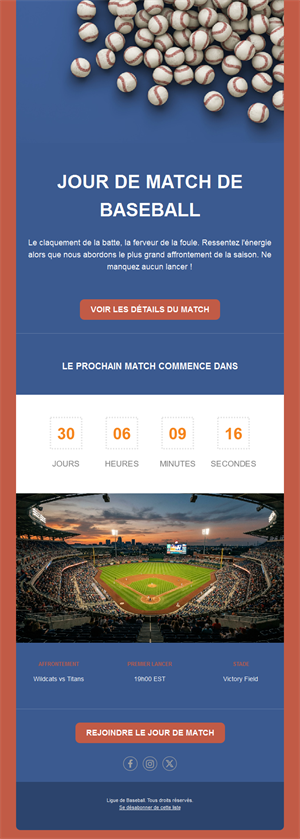 Email jour de match baseball avec compte à rebours