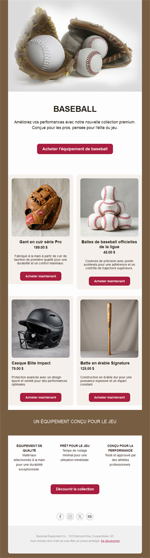 Email de boutique de matériel de baseball