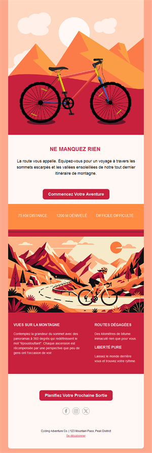 Email illustré d'aventure à vélo en montagne