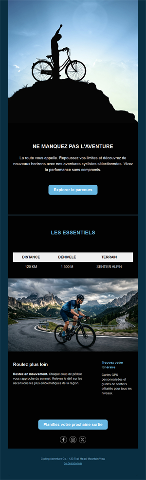 Email d'itinéraire vélo avec infos de sortie